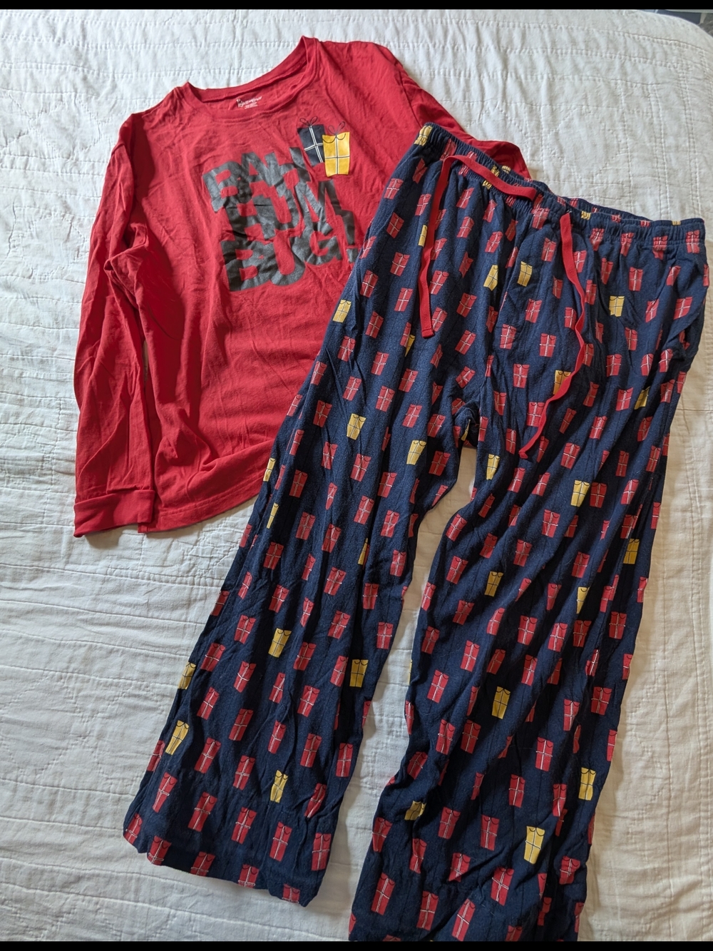 Men's Christmas Long Sleeve Red Top and Navy Gift-Print Pajama Set
